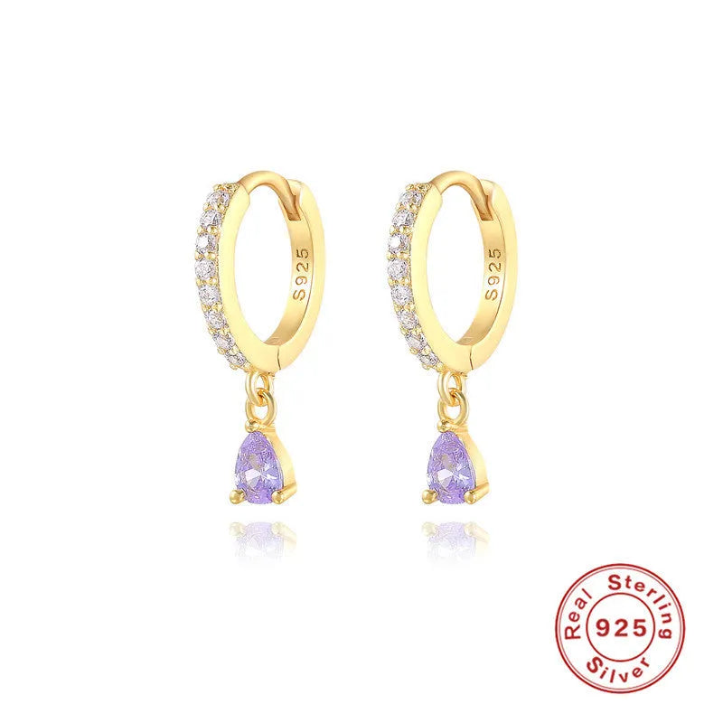 Geometric water drop sterling silver earring with a choice of gold or silver plating and decorative stone centre.