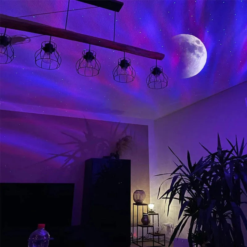 White ABS galaxy star projector lamp with remote control projecting Northern Lights aurora and stars on a dark wall