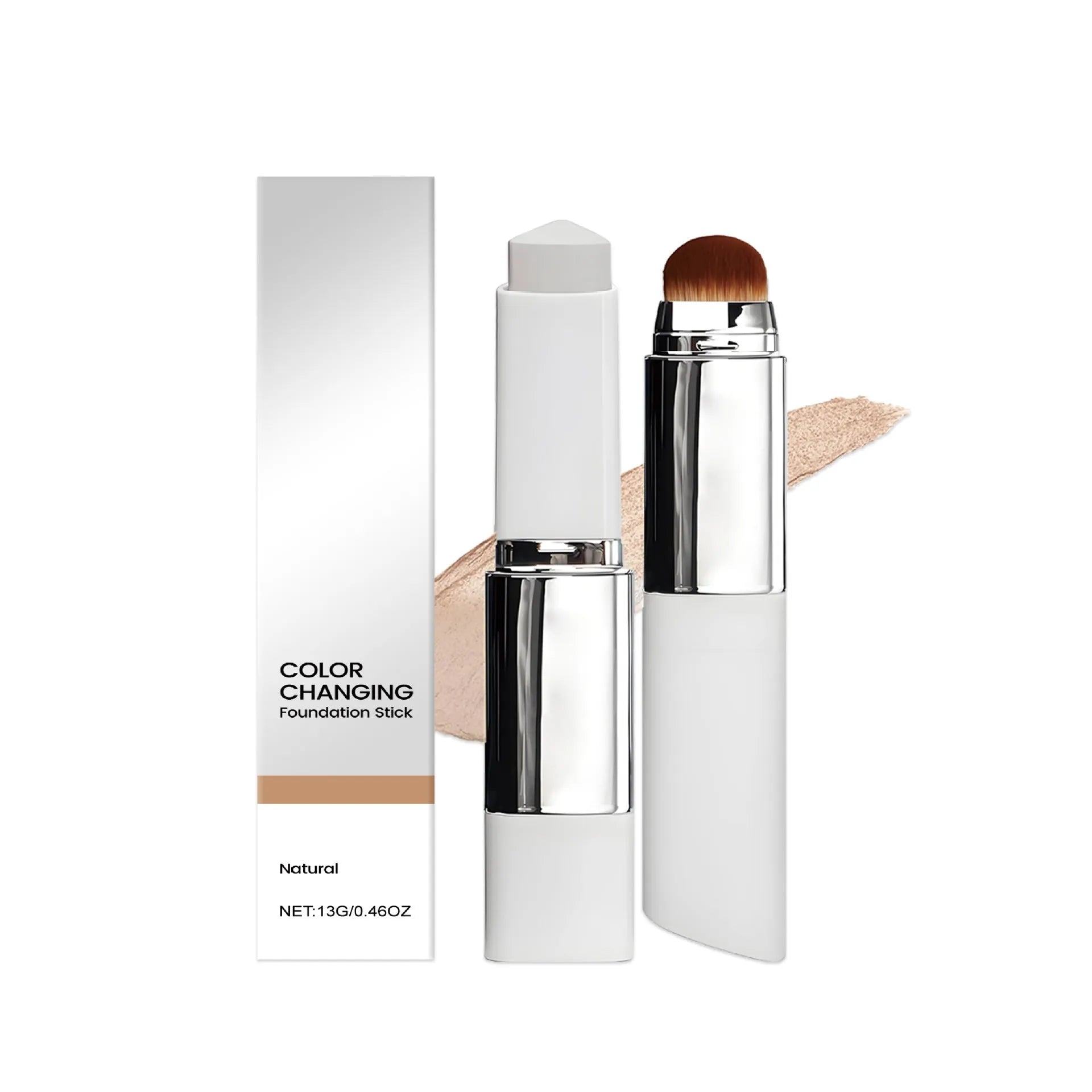 Foundation make-up stick in clear non-stuck powder formula, shown in three colours: Ivory White, Natural, and Deep Flesh.