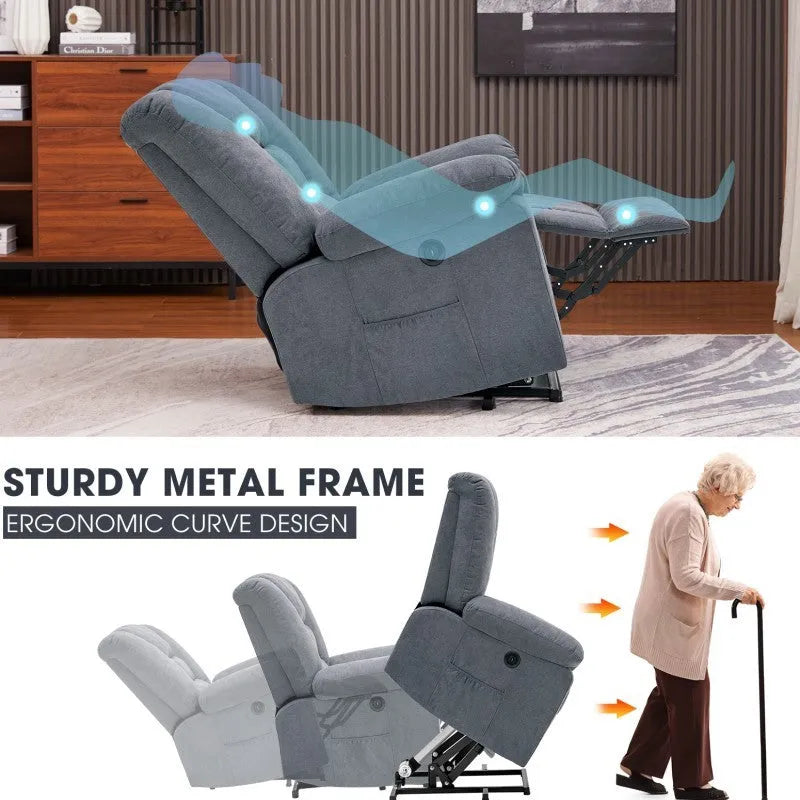 Blue cloth art electric massage recliner with USB port and 8-point vibration massage in a living room