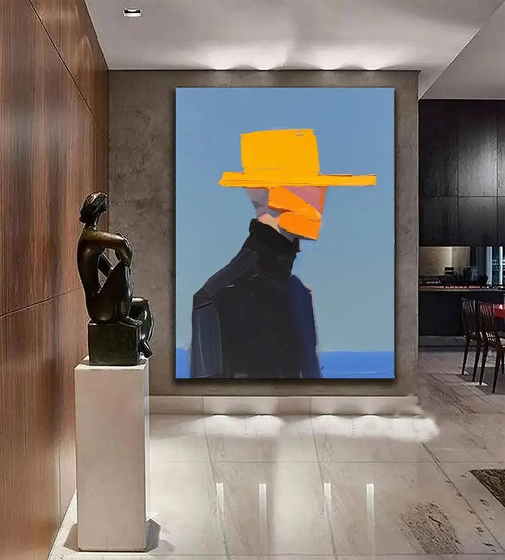 Hand-painted abstract canvas painting of a man with a hat, vertical oil painting for living room or bedroom wall art