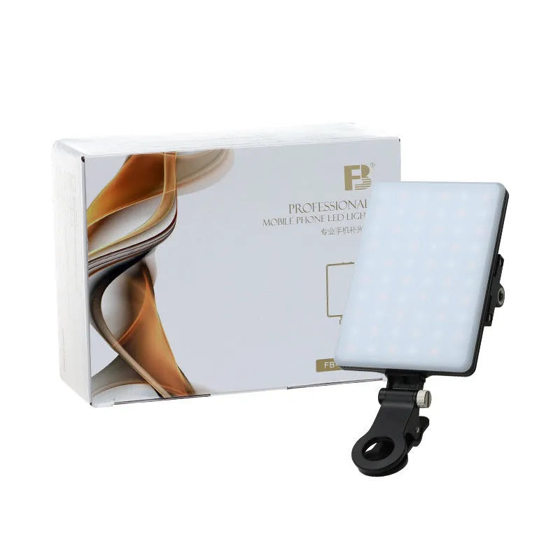 White portable mobile phone fill light with adjustable angle knob and clip attachment