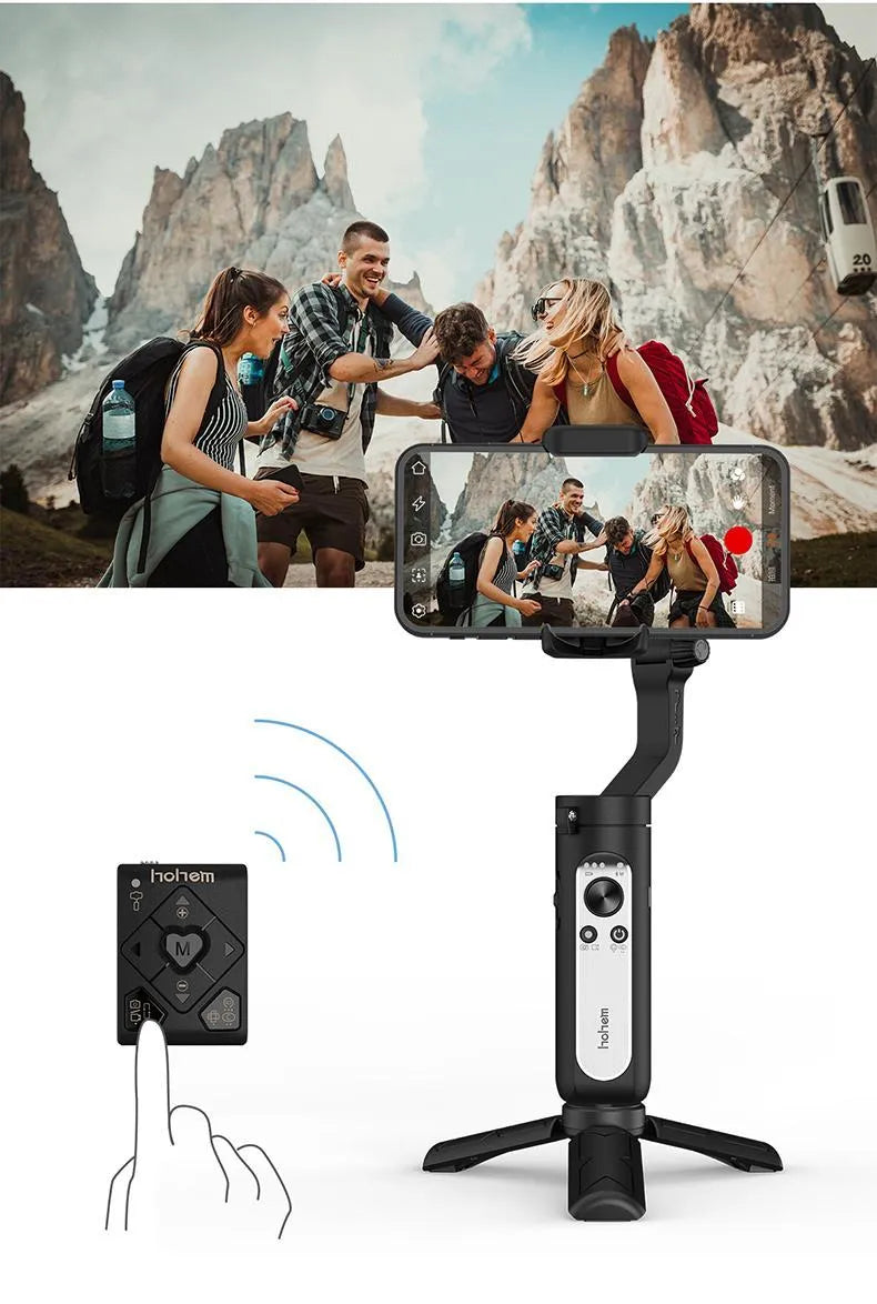 Black 3-axis smartphone stabilizer folded to 179mm size with USB port visible