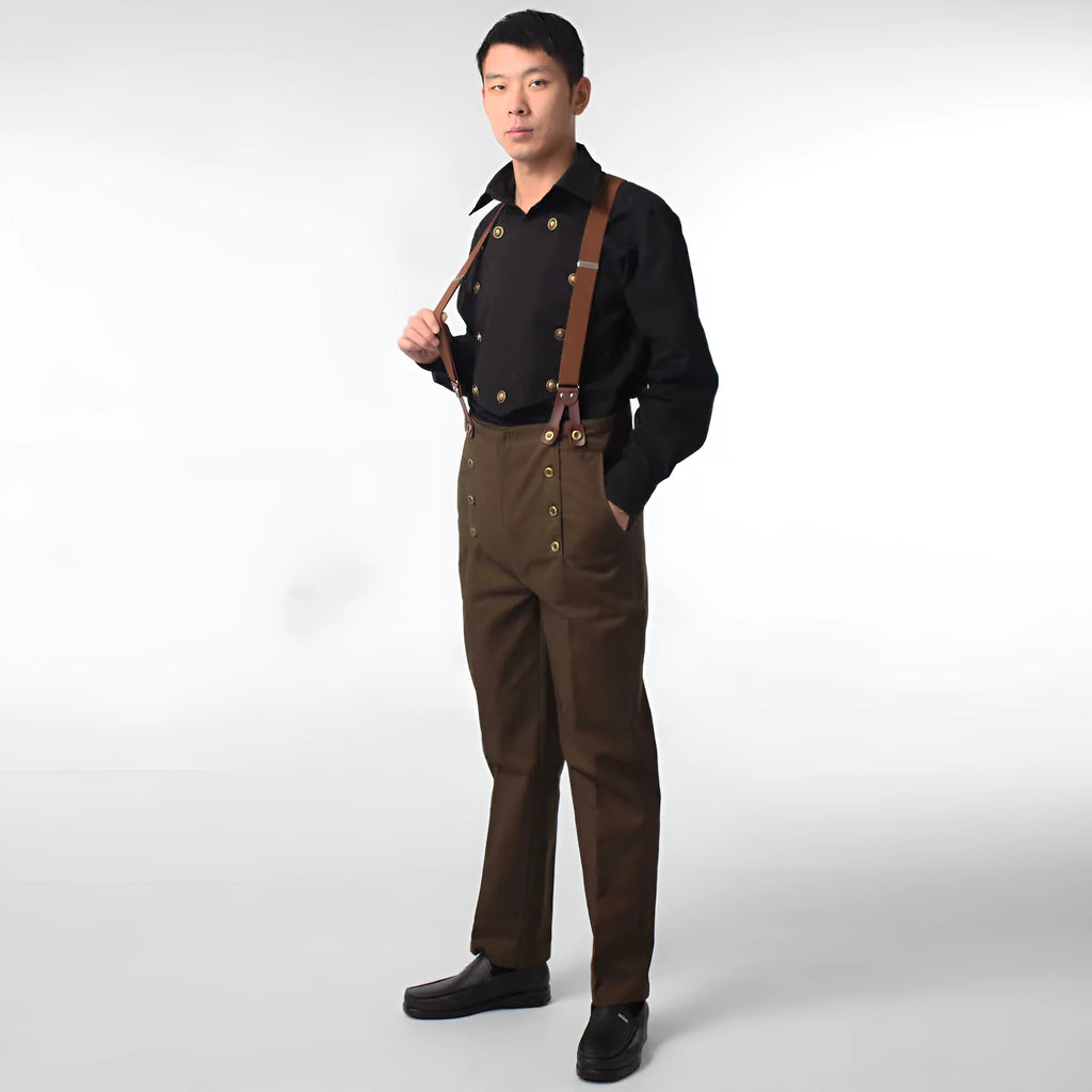 Men's retro high waist double breasted casual straight pants in black with braces