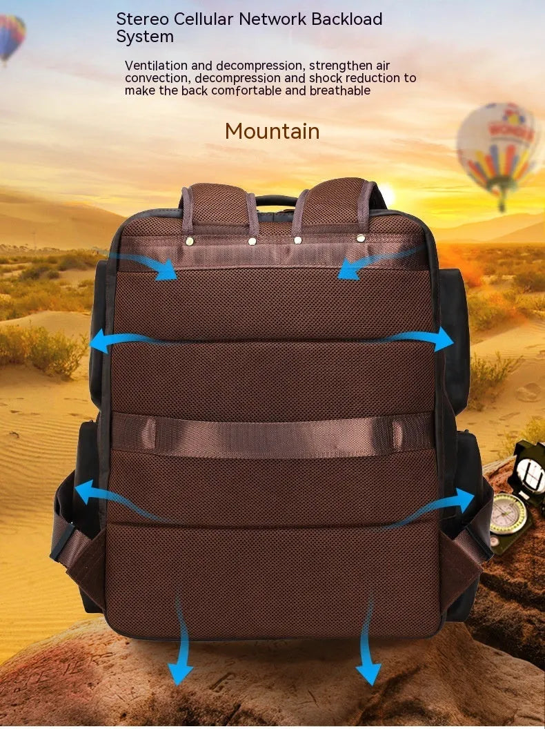 Dark brown retro leather backpack for a 17-inch laptop with double shoulder straps.