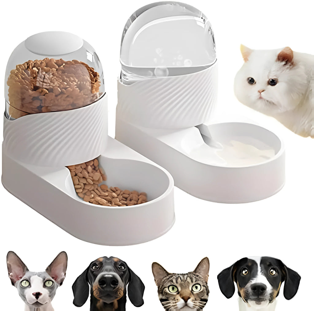 White gravity cat feeder and water dispenser set with wave-shaped design