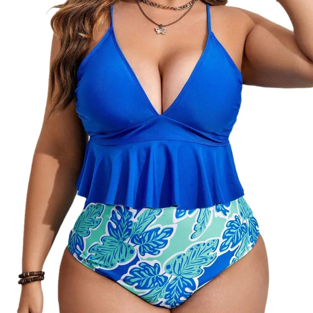 Blue plus size two-piece bikini swimsuit for women on a mannequin.