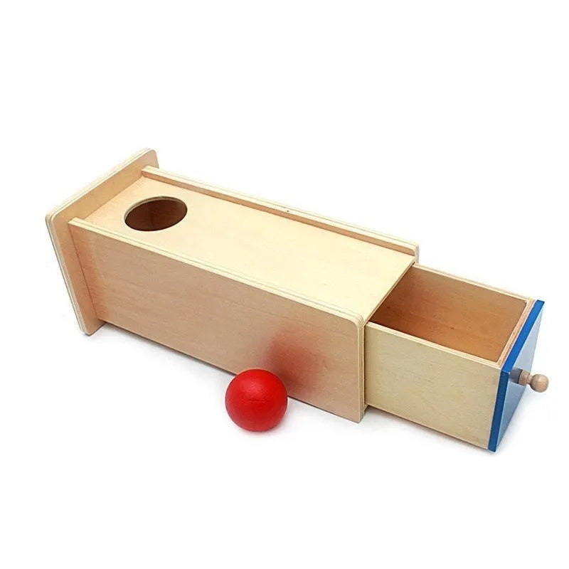 Wooden coin box drawer game teaching aid for infants 0-3 years, 14.5x13x9cm size, ball rectangular drawer colour