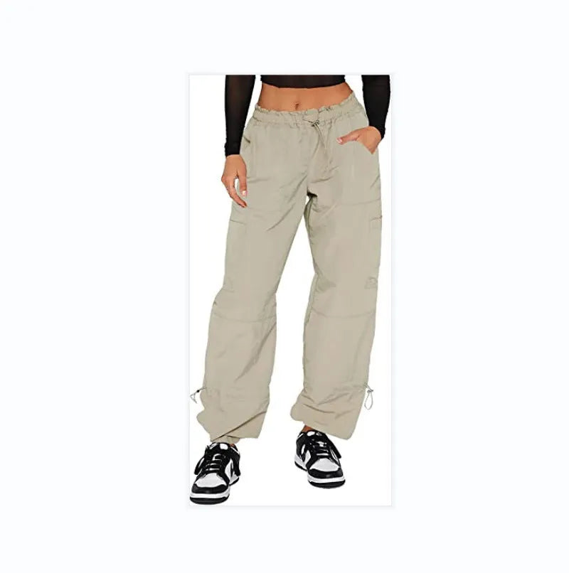 Multi-pocket cargo casual trousers in polyester fabric with straight leg design and mid-waist fit