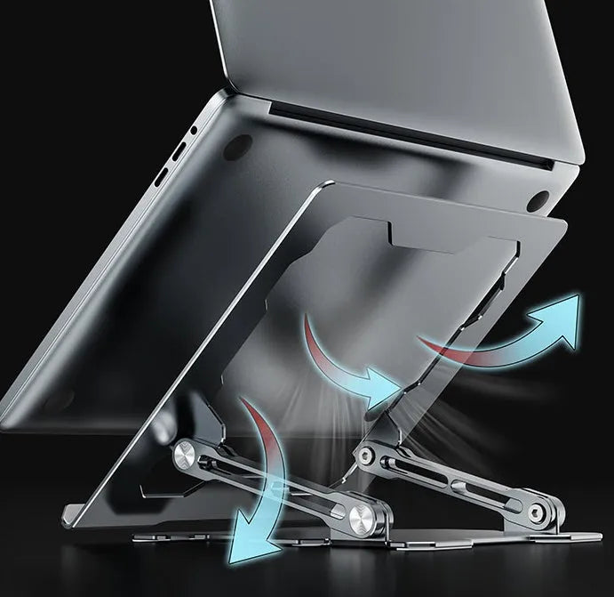 Grey adjustable aluminum laptop stand in folded and open positions on a wooden desk