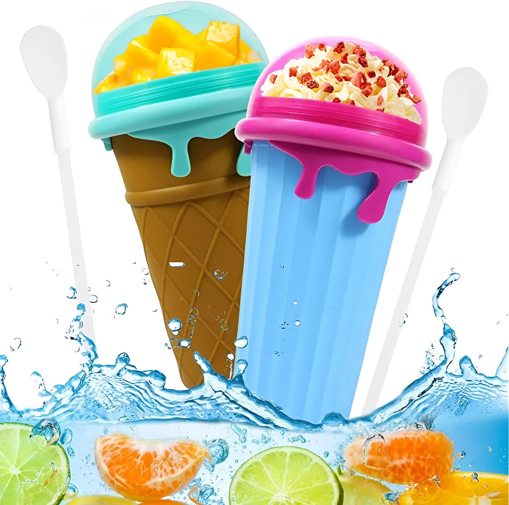 Blue 500ml slushy maker cup with quick-freeze function for homemade smoothies and ice cream.