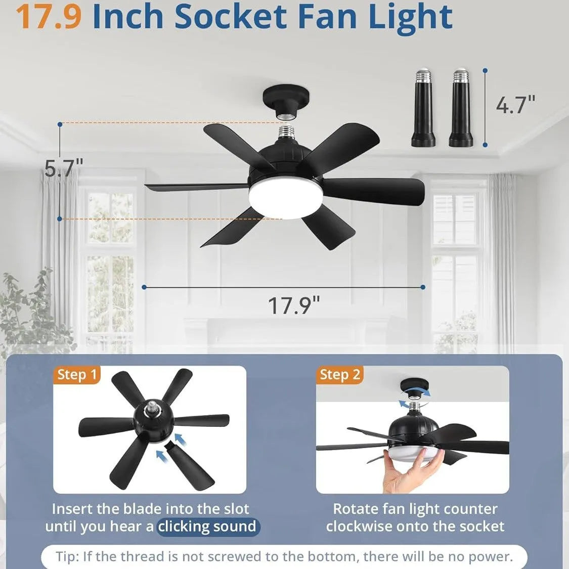18-inch straight leaf fan lamp with remote control, three-colour variable light, mute motor, black colour option