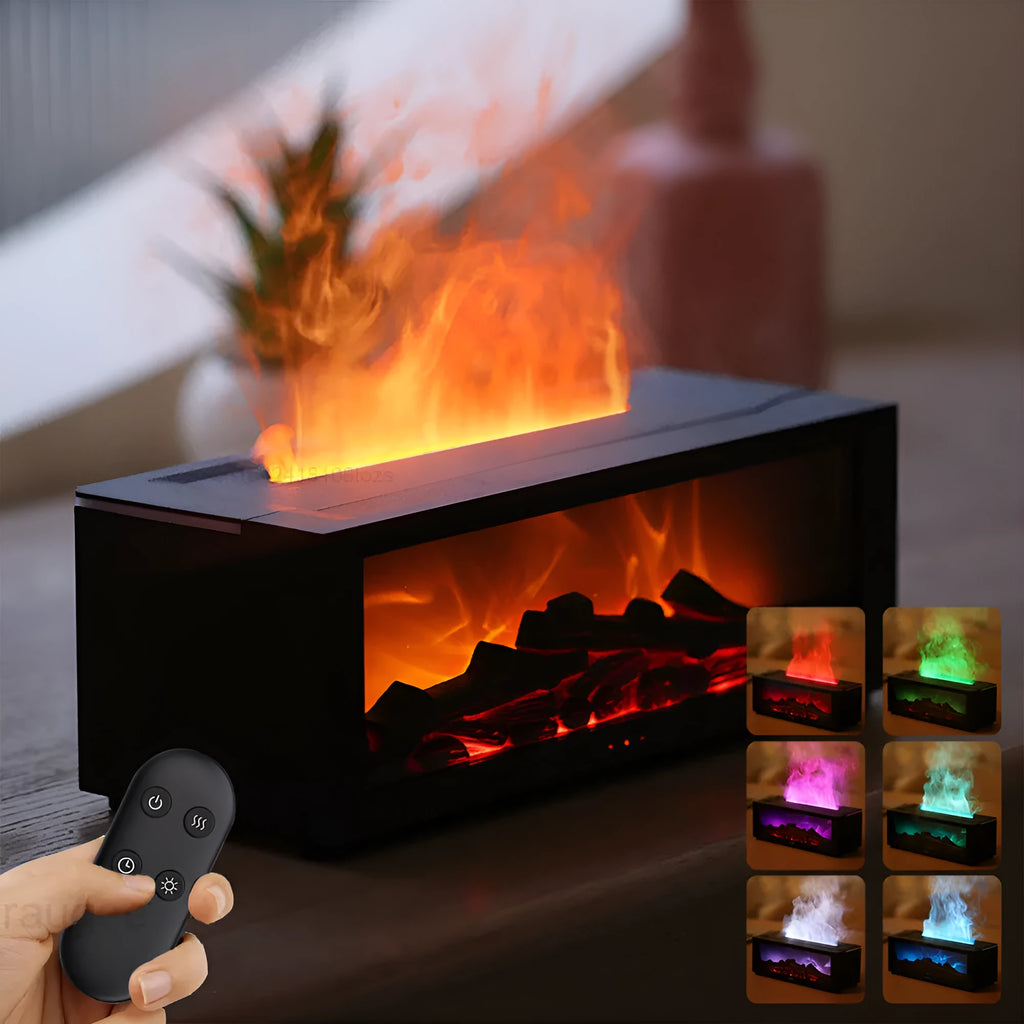Square flame aromatherapy diffuser with 3D flame effect and colourful base lighting on desktop