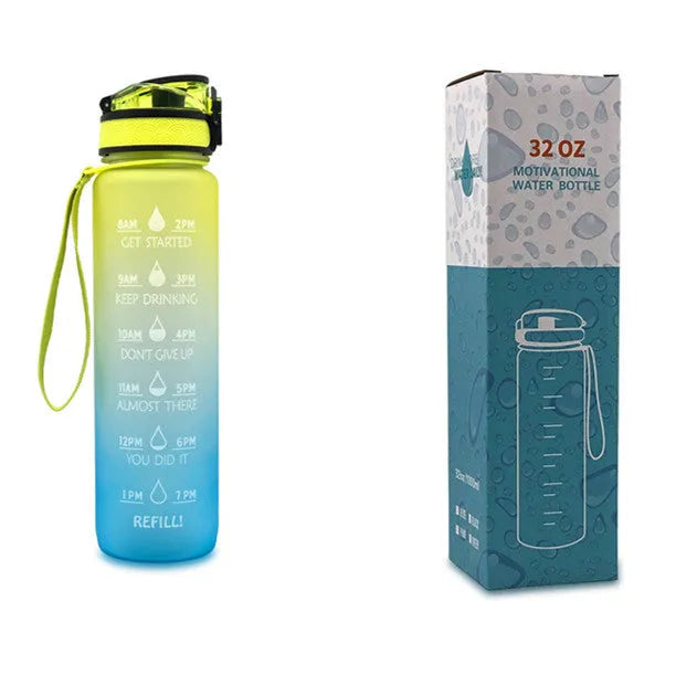 1L Tritan sports water bottle with time markers and flip-top lid in blue-red gradient colour