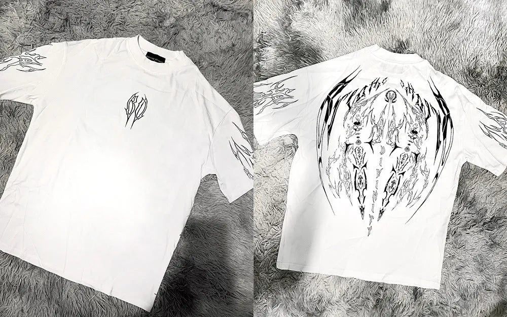 Men's dark coloured cotton T-shirt with loose fit design and gilding craft detail on short sleeves