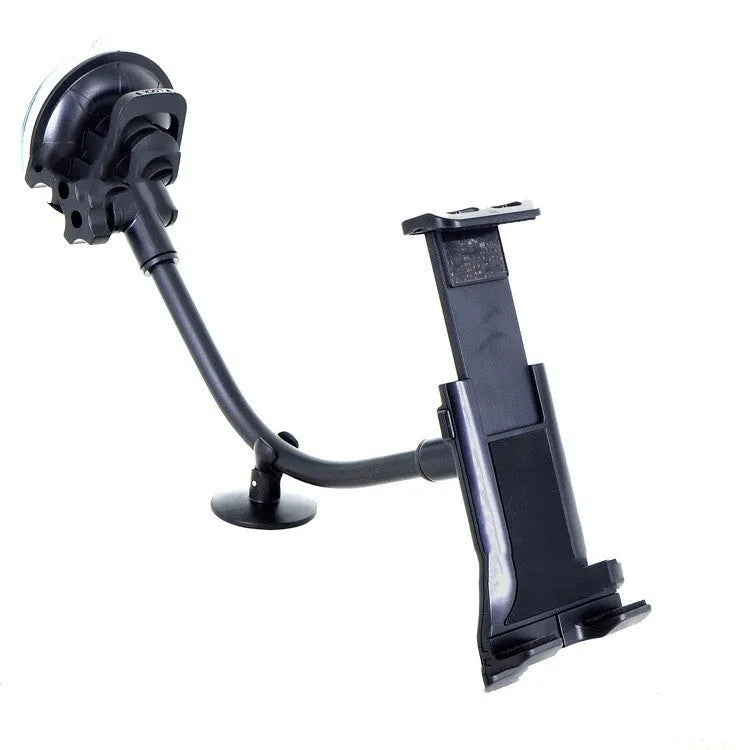 Black universal 4-12 inch car tablet holder with long-rod suction cup mounted on a dashboard.