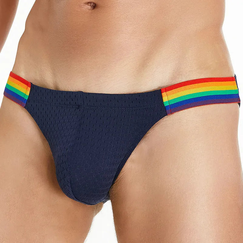 Men's low waist briefs with rainbow waistband and nylon mesh fabric
