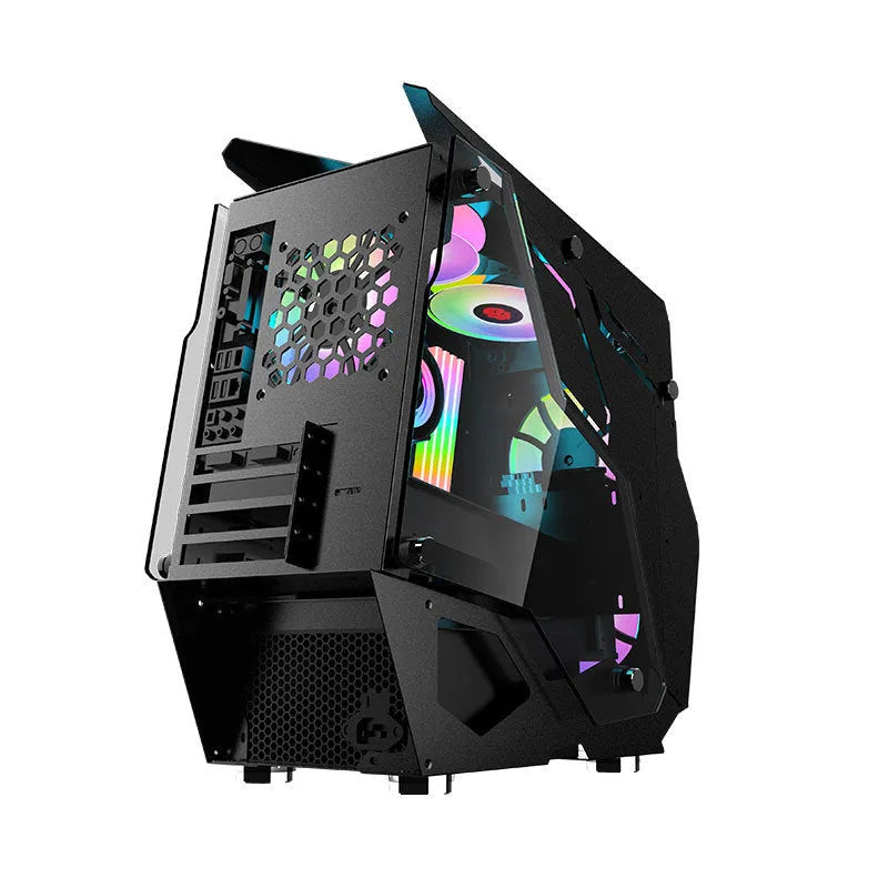 Full side tempered glass ATX computer case with SPCC steel chassis, black colour, showing internal component visibility