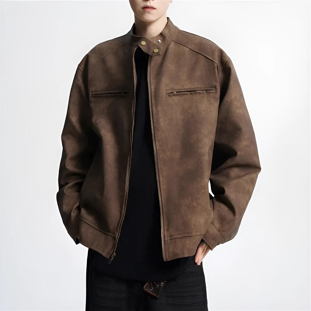 Vintage brown distressed PU motorcycle coat with stand-up collar and loose fit