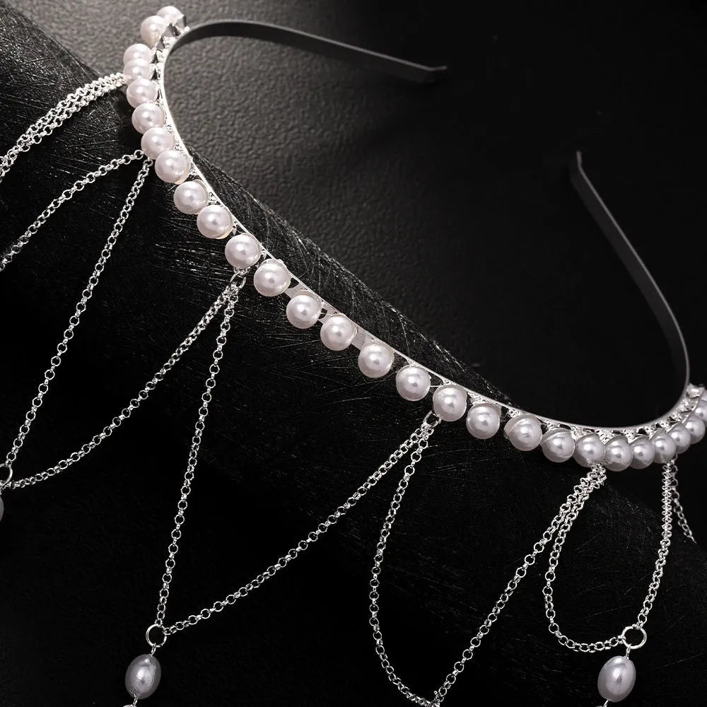 Gold and silver mesh tassel hair chain with pearl elements for women