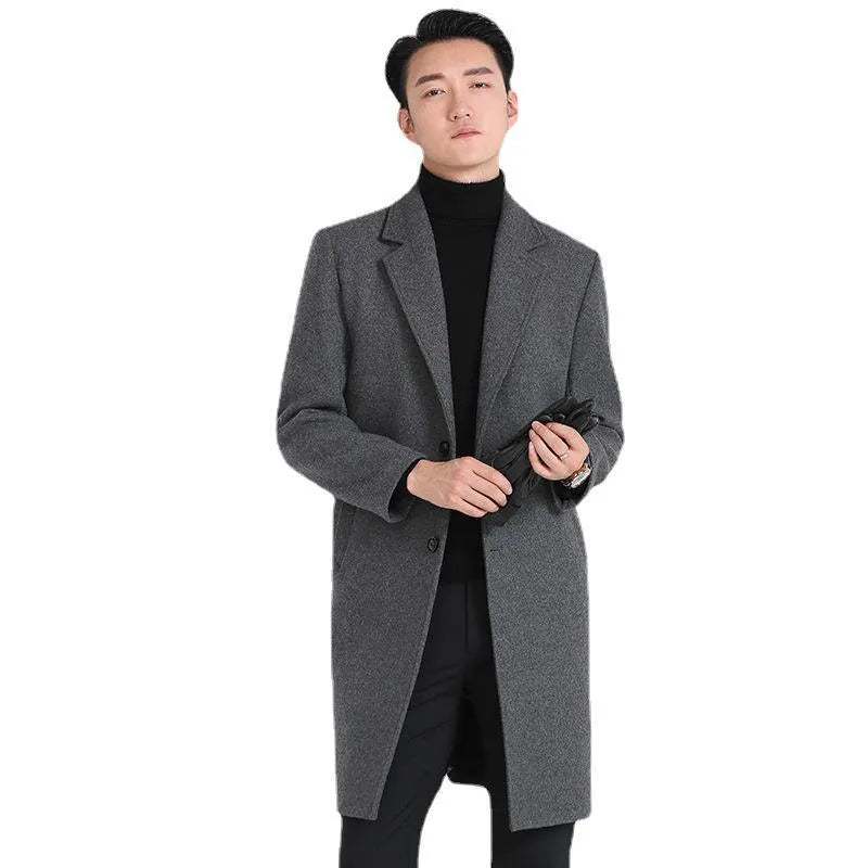Men's slim-fit Korean-style mid-length wool coat in black, grey, navy blue, and wine red solid colours with side seam pockets
