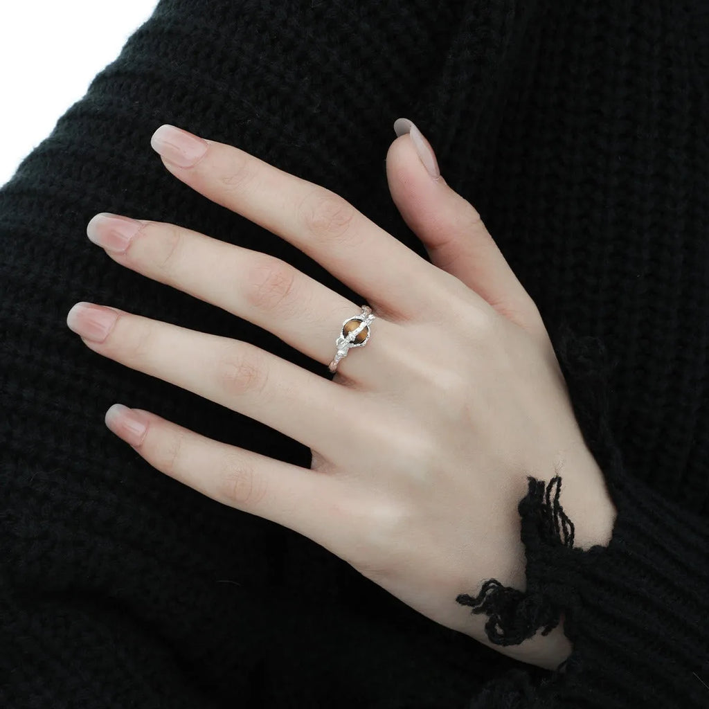 Saturn tigereye open ring for women with adjustable opening and white gold electroplated finish