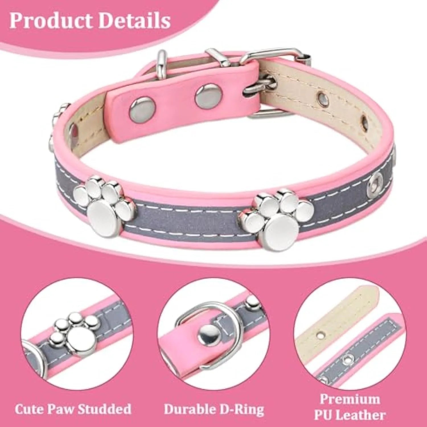 Reflective brown PU leather dog collar with a metal buckle and decorative paw rivet, shown on a size chart.