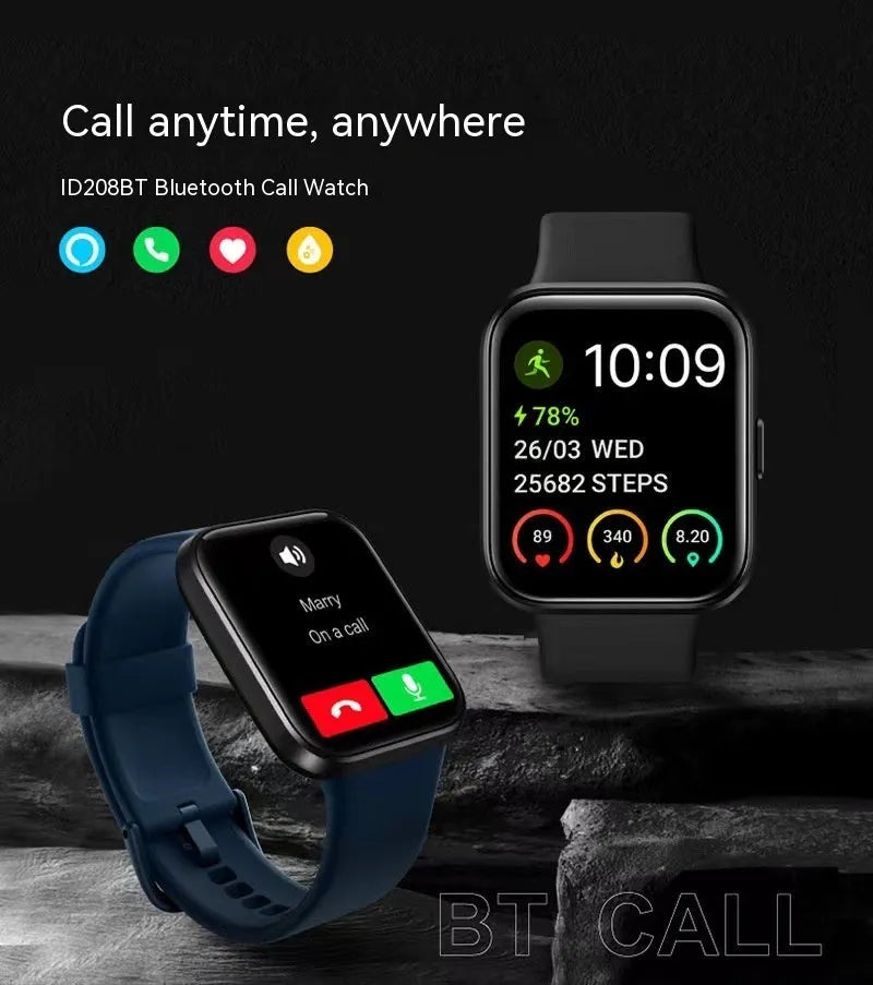 Voice call smart watch with IPS touch screen showing health metrics display in black colour option