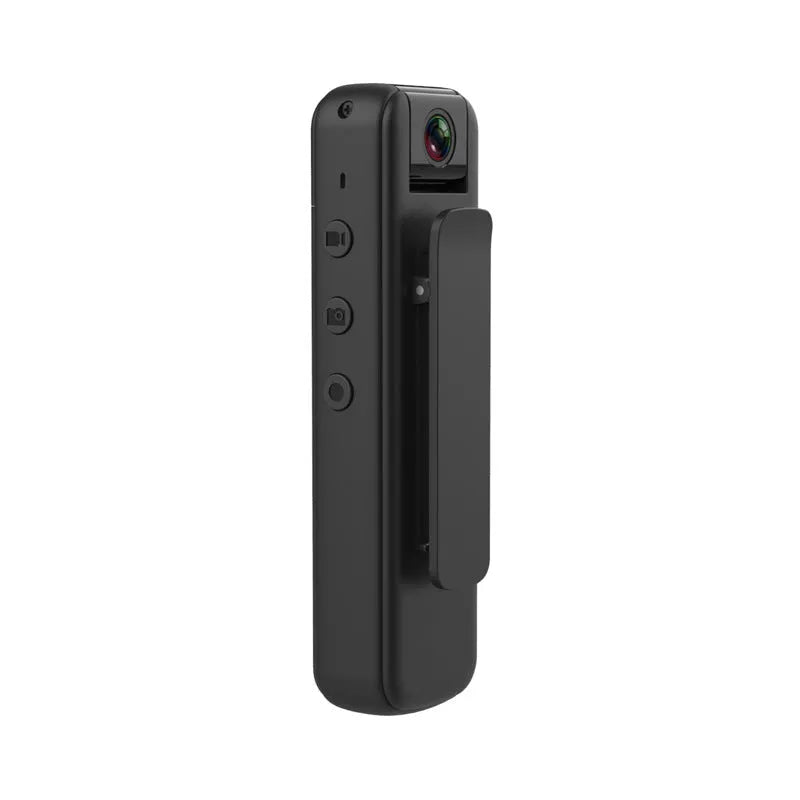 Black plastic HD clip-on magnetic recorder with video and photo functions, shown with optional 16GB memory card.