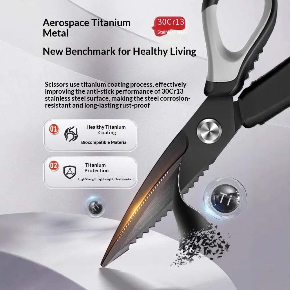 Large titanium-plated stainless steel kitchen scissors with double anti-rust coating for barbecue and home use