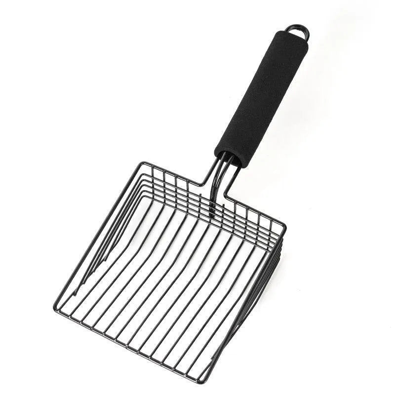 Black metal cat litter scoop with narrow tines for cleaning litter trays.