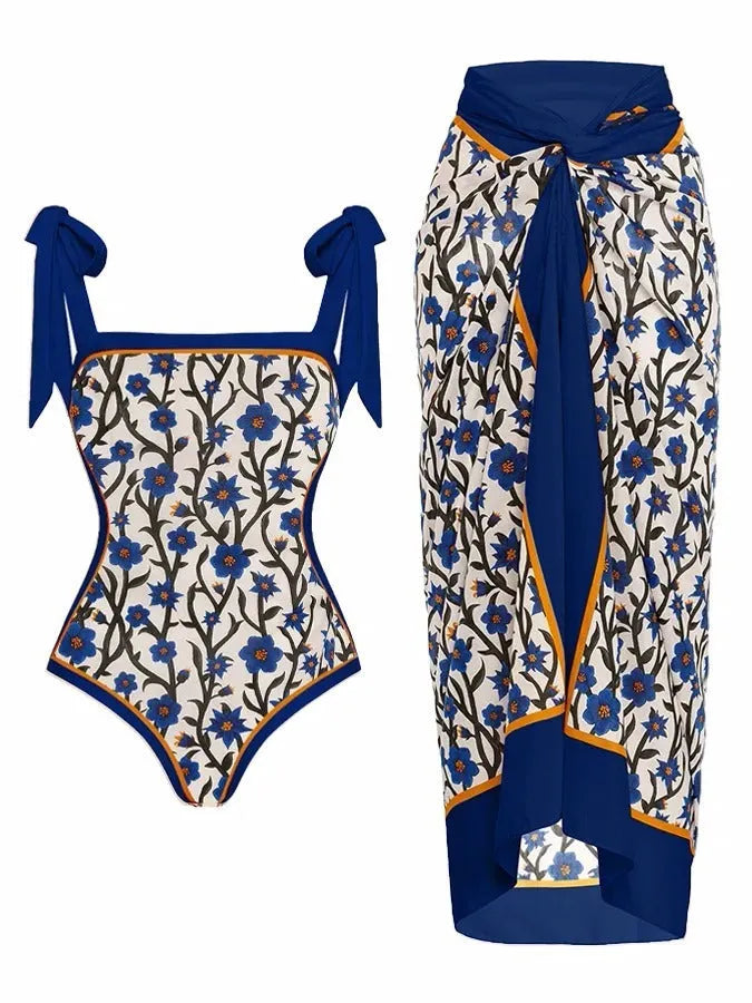 Women's floral printed chiffon two-piece swimsuit with hip skirt in polyester fabric