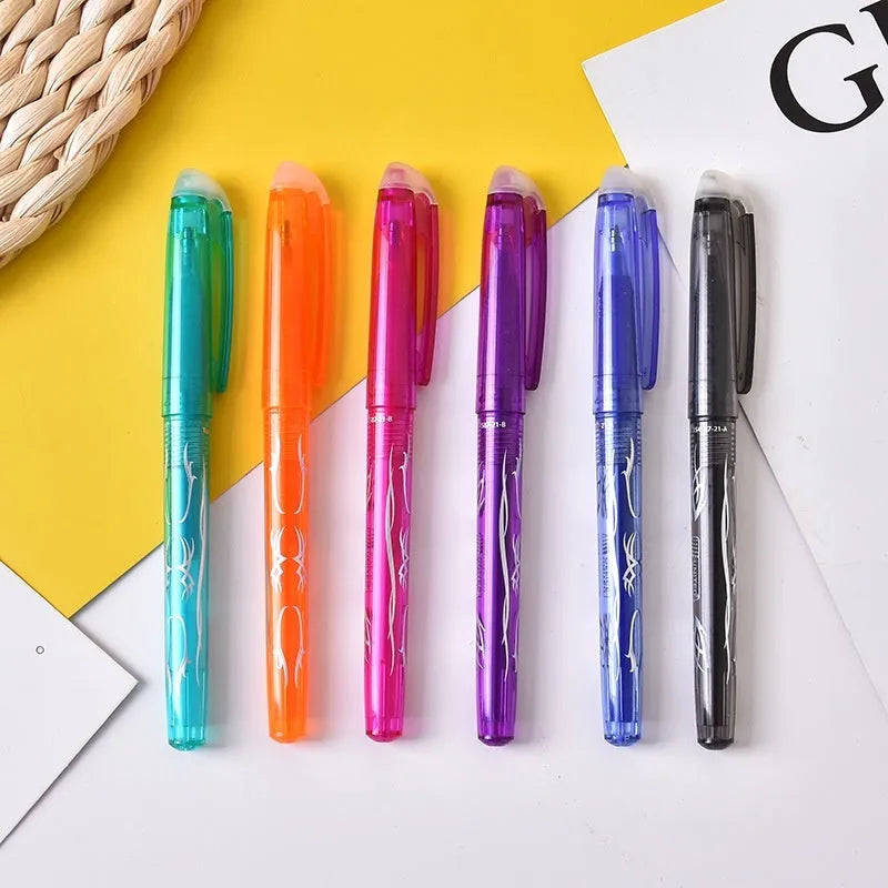 Set of heat-erasable gel pens with plastic bodies and stainless steel nibs in multiple colours.