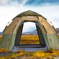 Khaki fully automatic hexagonal camping tent set up outdoors with two doors and dome shape, for 5-8 people