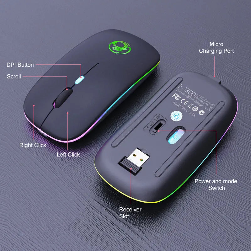 Black and white dual-mode wireless silent mouse with luminous charging scroll wheel.