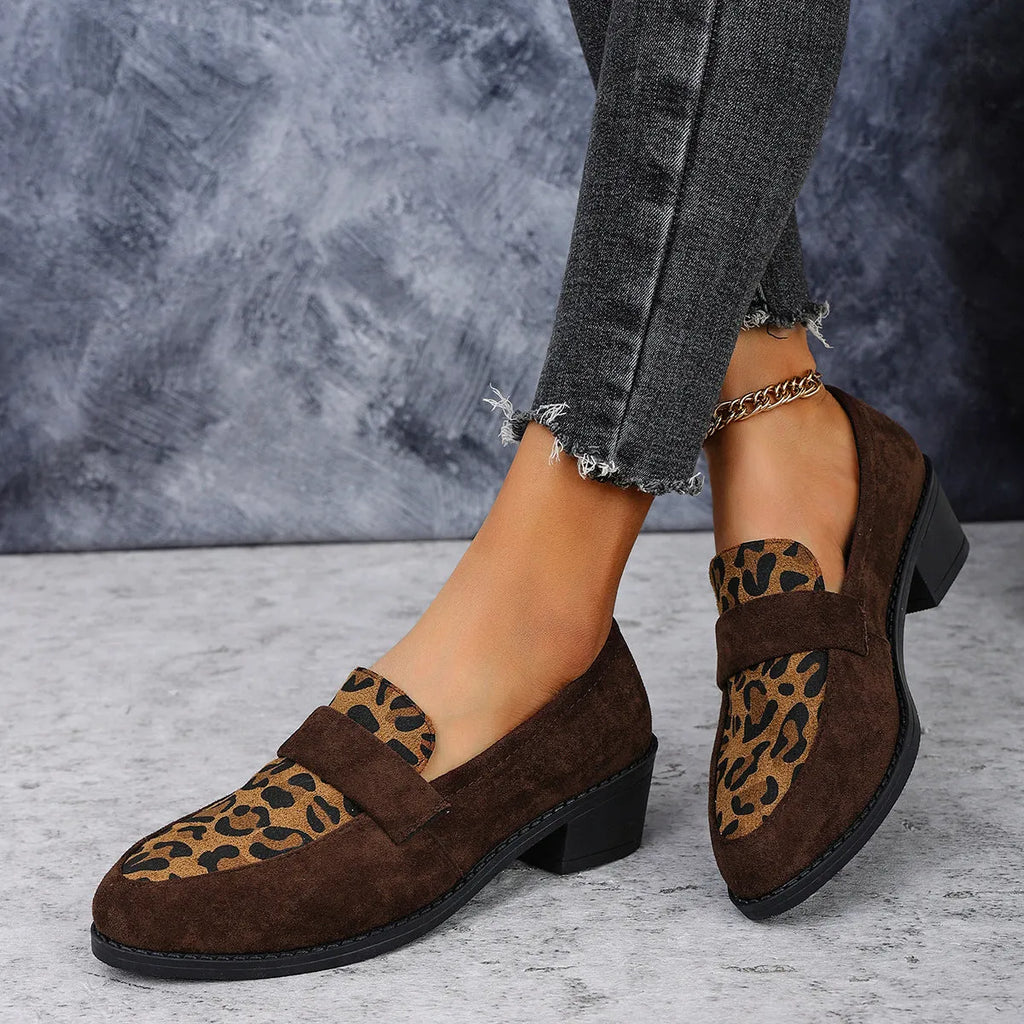Leopard print suede slip-on shoe with chunky mid heel and pointed toe in pink colour