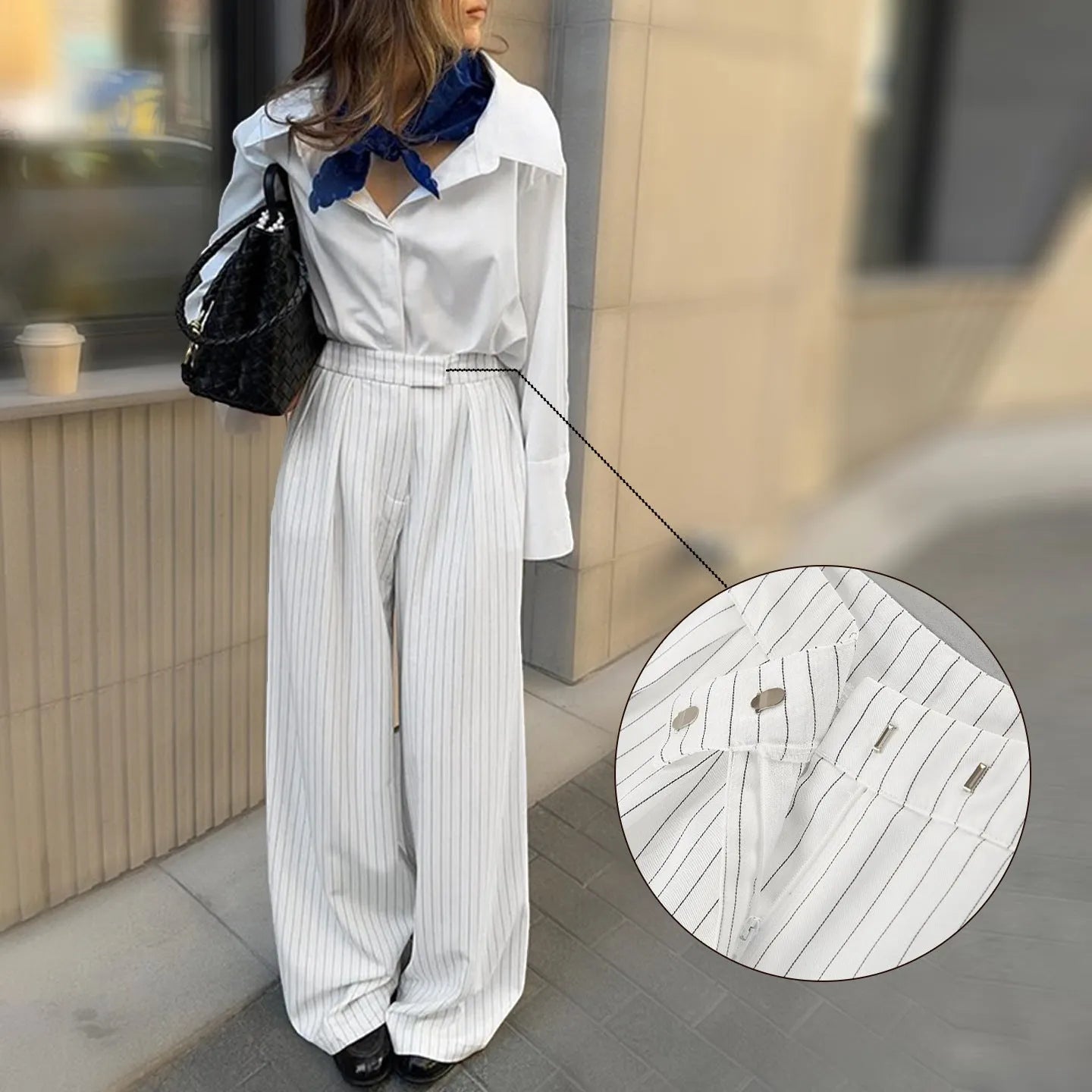 White striped wide-leg women's trousers with loose casual fit for office commuting