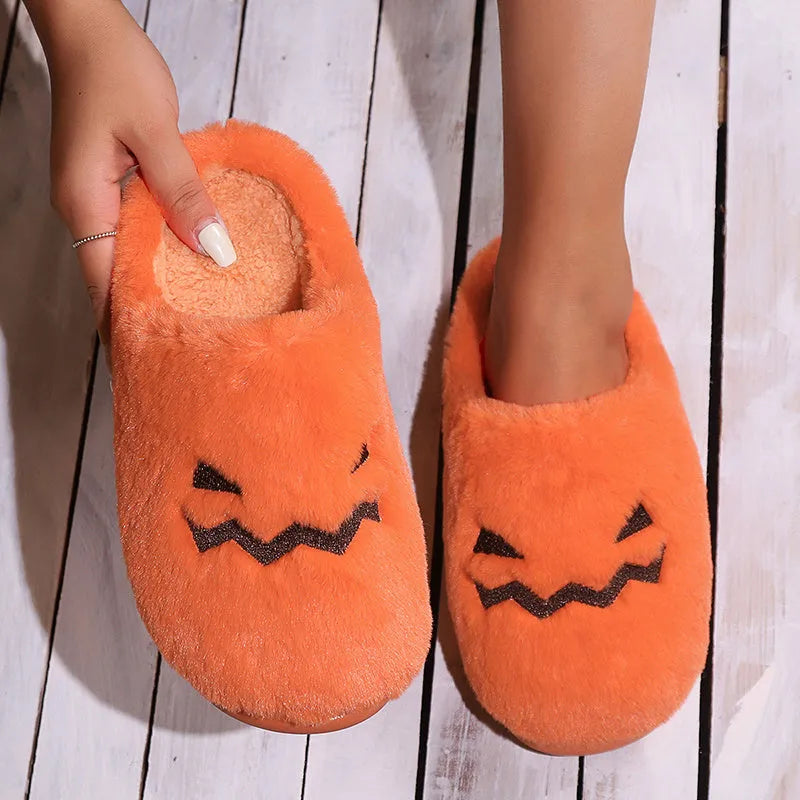 Orange pumpkin design plush house slippers with coral velvet upper and non-slip PVC sole