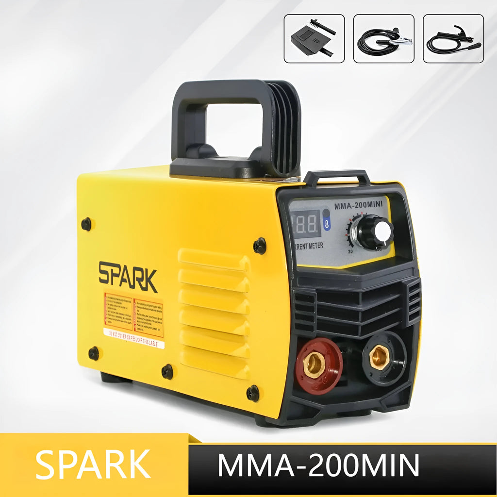 MMA-200MIN 220V inverter DC welding machine with welding tongs, clamps, and face shield on a workbench.