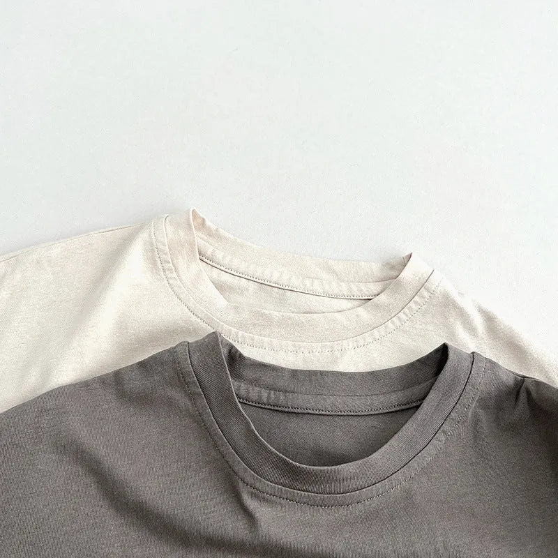 Children's short-sleeve cotton T-shirt in apricot and gray, loose casual fit, suitable for 80-130cm height kids