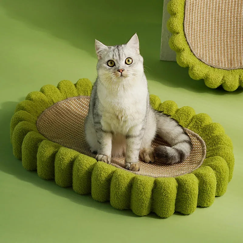Green oval cat scratch pad bowl bed with sisal scratching surface