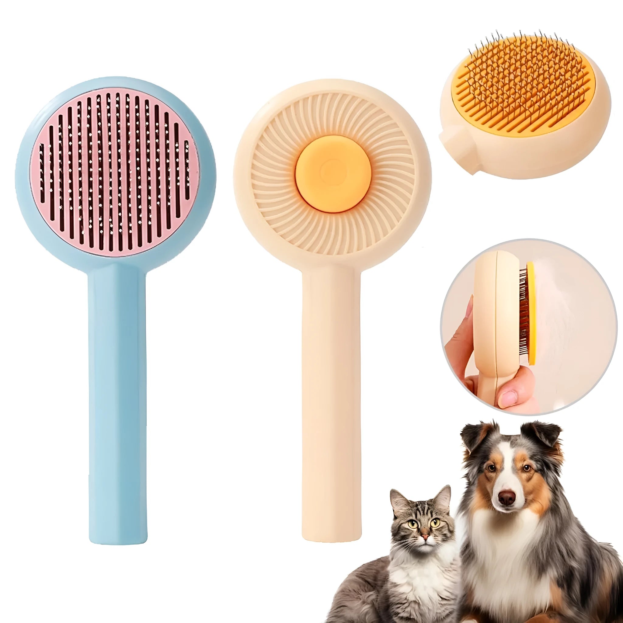 Blue and yellow pet grooming brush with angled metal needles and a self-cleaning button on the handle.
