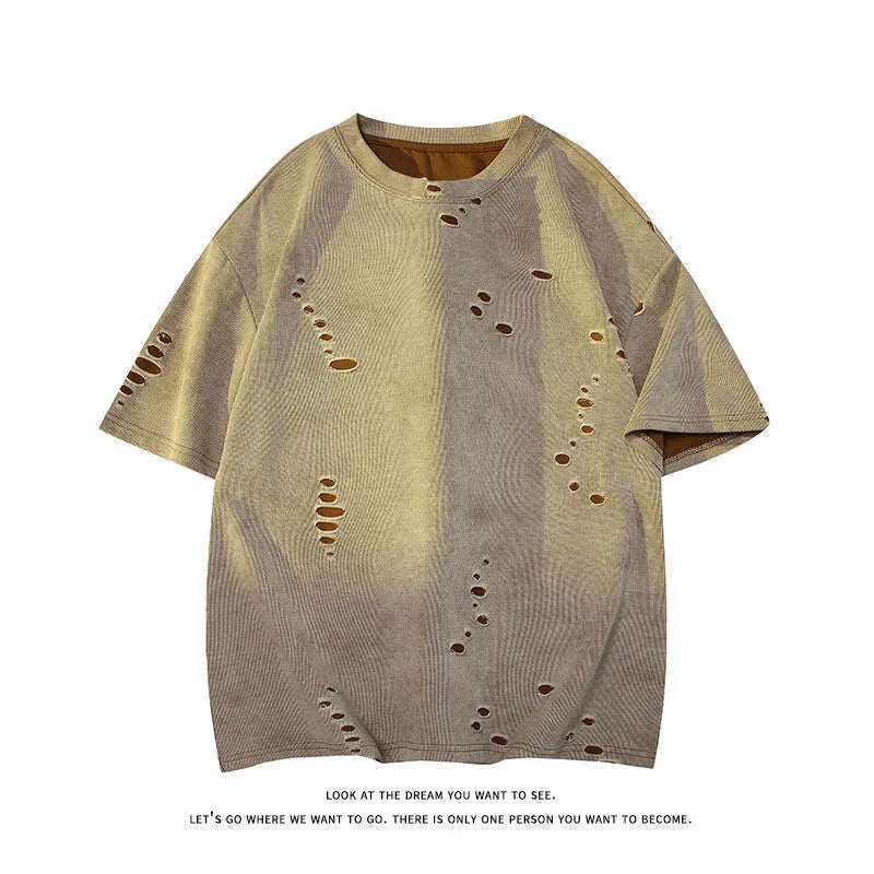 Men's grey cotton blend loose T-shirt with ripped American leisure style details