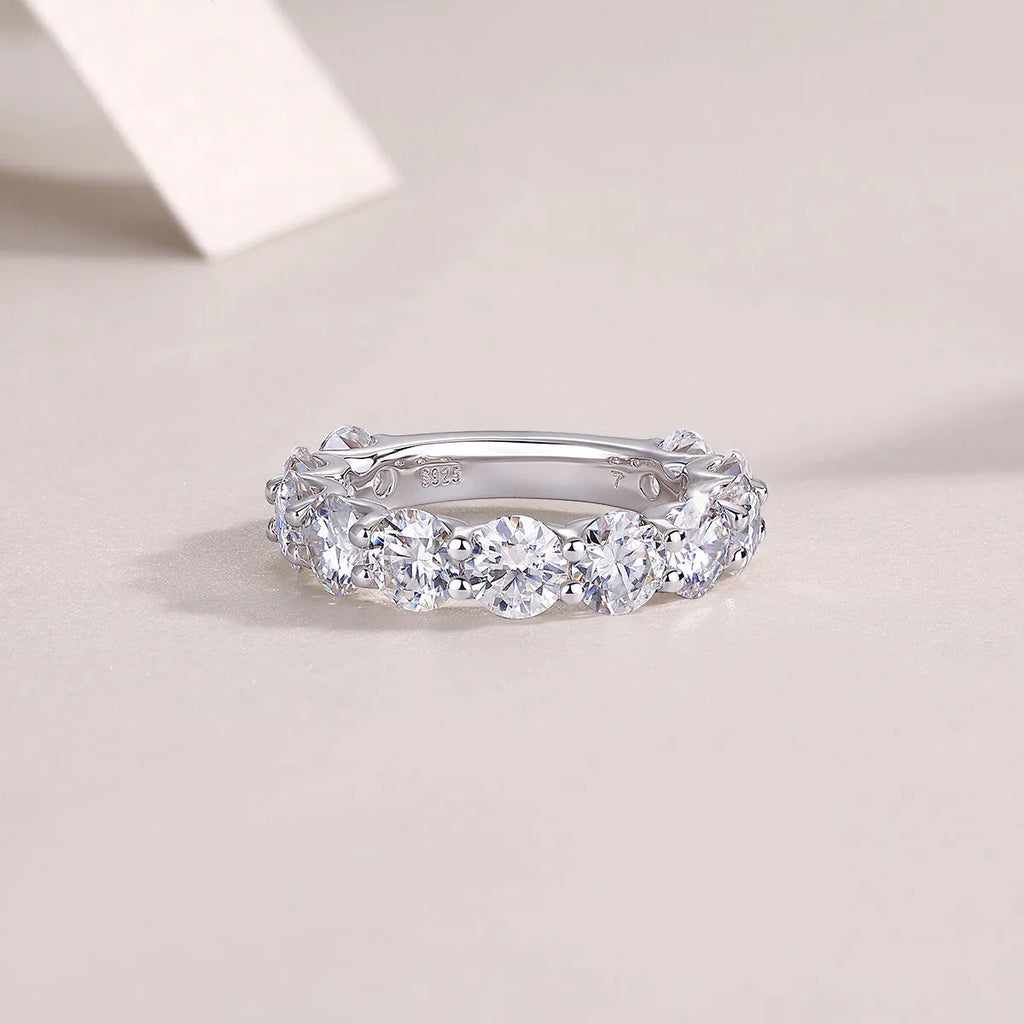 Dazzling Moment round 5.0mm moissanite wedding ring set in platinum-plated S925 silver on gift box with GRA certificate