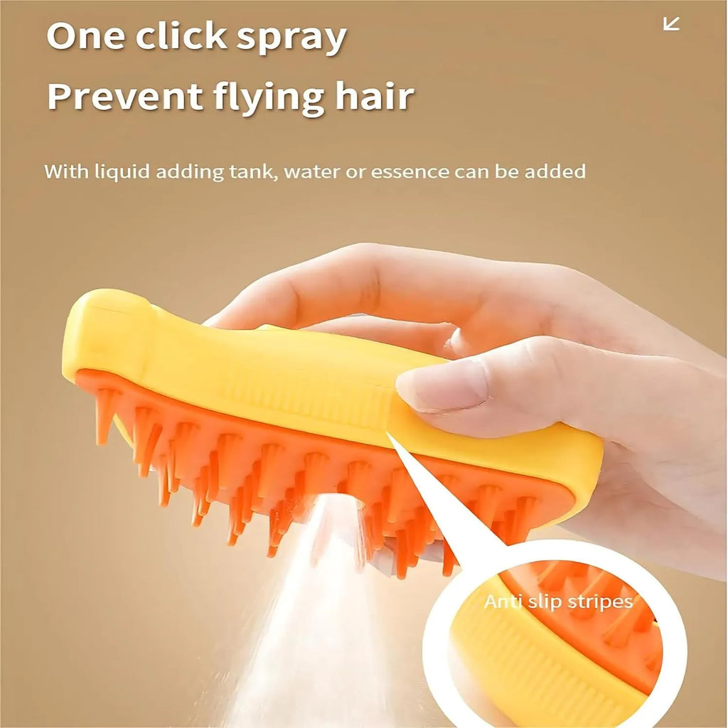 Green cat steam brush with silicone bristles and rechargeable base for pet grooming