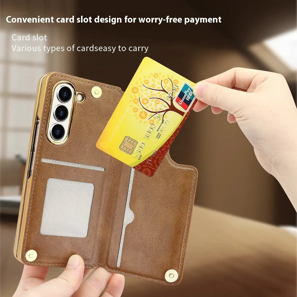PU leather phone case for Samsung Z Fold 5 with bracket, pen slot, and card storage in black electroplated finish