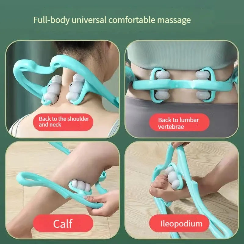 Blue handheld deep tissue neck massager with 360-degree roller and acupressure nodes on a white background.
