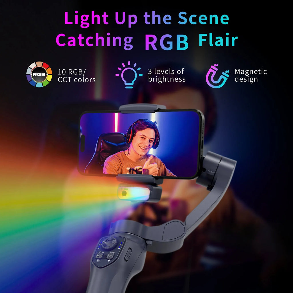 Foldable handheld smartphone video stabiliser gimbal in gun colour with USB charging port.