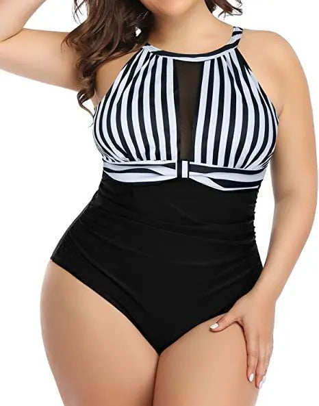 Women's black lace one-piece swimsuit on a hanger showing the front design