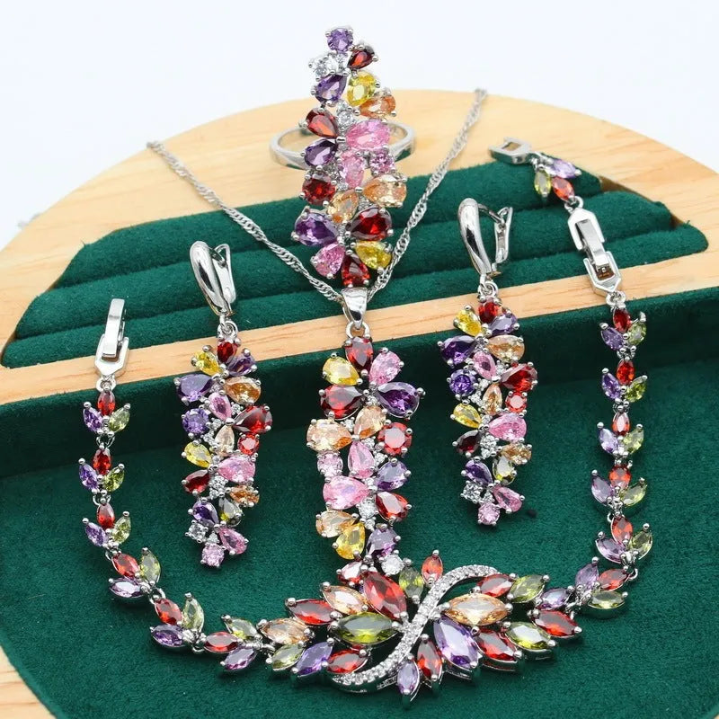 Complete retro floral jewellery set with copper alloy and zircon inlay, showing necklace, bracelet, earrings and ring